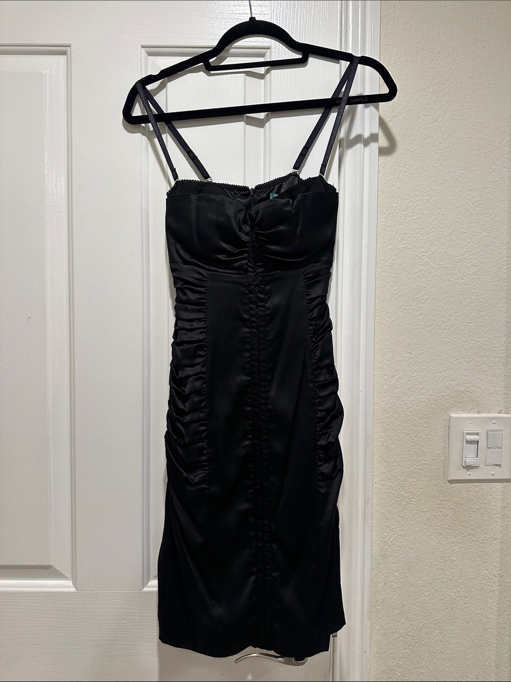 Marciano Black Satin Ruched Spaghetti-Strap Mini Dress